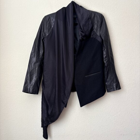 Leather Accented Satin Draped Mixed Media Modern Jacket - Picture 1 of 11